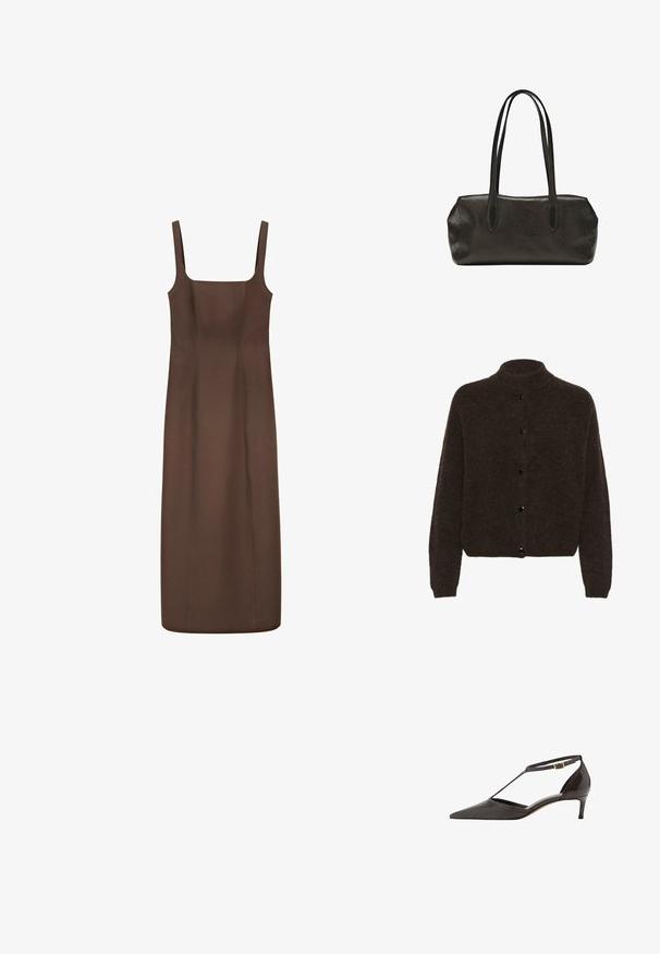 Gestuz ALPHAGZ - Vest - dark brown; Mouwloze bruine midi-jurk met vierkante halslijn en aansluitend silhouet, met brede schouderbanden en eenvoudige naden aan de voorkant.; Zwarte leren puntige dames lage hak schoen met een T-sleutel en gouden gespsluiting op een witte achtergrond.; Zwarte leren rechthoekige handtas met lange dubbele schouderbanden en een getextureerde afwerking, weergegeven tegen een effen witte achtergrond.