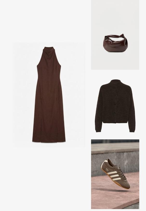 Gestuz ALPHAGZ - Vest - dark brown; Mouwloze donkerbruine maxijurk met hoge hals en aansluitende taille, met zijsplits van knie tot zoom.; Bruine suède sneaker met witte strepen en merklogo's, voorzien van een ronde neus en een zool van tandgumrubber, zwevend boven een getextureerd oppervlak.; Donkerbruine leren schoudertas met een zachte, slungelige vorm en een gedraaide knoopvormige handgreep op een effen witte achtergrond.