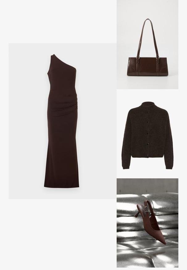 Gestuz ALPHAGZ - Vest - dark brown; Donkerbruine, vloerlang, asymmetrische jurk met geplooide details aan de rechterzijde ter hoogte van de taille.; Bruine puntschoen met slingback, lage hak en gespband, rustend op een glanzend, zilverkleurig, getuft oppervlak.; Bruine lakleren handtas met een rechthoekige vorm, twee lange handvatten en subtiele gebogen accenten aan de voorkant.