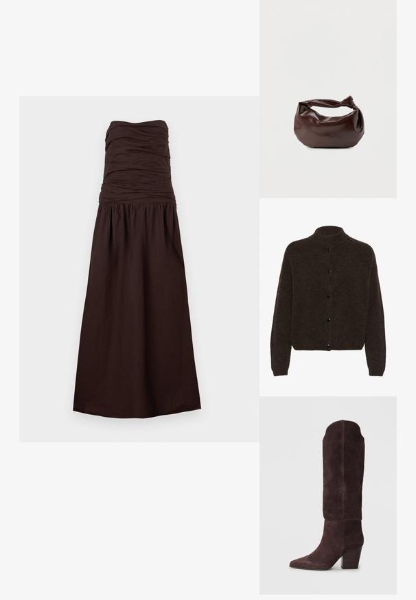 Gestuz ALPHAGZ - Vest - dark brown; Donkerbruine strapless maxi-jurk met geplooide lijf en verzamelde taille, uitlopend in een lange rok.; Knielange suede laarzen in donkerpaars, met een spitse neus en een robuuste houten hak, met een gladde textuur en een minimalistisch ontwerp.; Donkerbruine leren schoudertas met een zachte, slungelige vorm en een gedraaide knoopvormige handgreep op een effen witte achtergrond.
