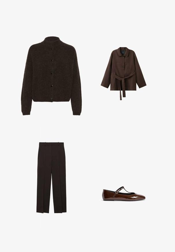 Gestuz ALPHAGZ - Cardigan - dark brown; Mørkebrun langærmet jakke med krave, to knapper og et matchende bælte i stof bundet om taljen.; Sorte, højtaljede bukser med skræddersyet design, der har taljefolder, bæltestropper og lige ben. Glat stofstruktur.; Brune patentlæder balletflade med spids tå og en dekorativ rem over foden, med en glat, blank overflade.