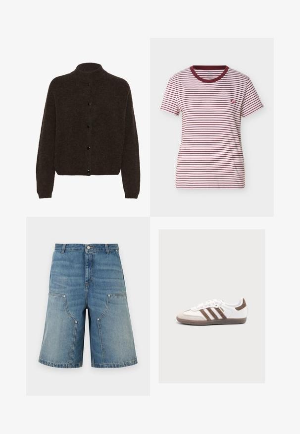 Gestuz ALPHAGZ - Cardigan - dark brown; Kortærmet T-shirt med rund hals, horisontale hvide og mørkerøde striber samt et lille rødt Levi's-logo på venstre bryst.; Blå denimshorts med høj talje, store buede frontlommer, bæltestropper og knaplukning.; Hvid Adidas Samba sneaker med brune ruskindstriber, brun hælflap, beige tåhætte og gennemsigtig gummisål, vist fra siden.