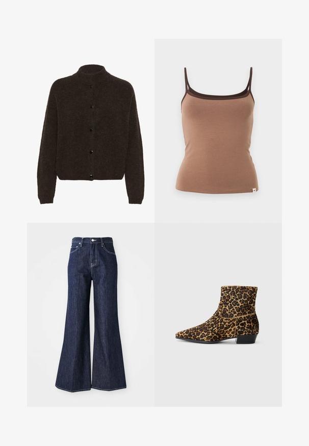 Gestuz ALPHAGZ - Cardigan - dark brown; Brun tætsiddende kamisol med tynde dobbelte skulderstropper og mørkebrun kant langs udskæringen mod en ensfarvet baggrund.; Mørke denim flared jeans med høj talje, der har knap- og lynlåslukning. Hvide syninger og brede ben skaber en struktureret silhuet.; Ankelstøvle med leopardprint lavet af struktureret stof, der har en spids snude og en blokhæl. Designet omfatter en slank silhuet og et dristigt mønster.