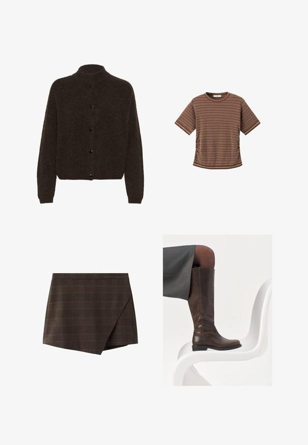 Gestuz ALPHA SHORT - Cardigan - dark brown; Brun t-shirt med korte ærmer med tynde, hvide, vandrette striber og rund halsudskæring på hvid baggrund.; Brun ternet slå-om-nederdel med struktureret design, indsatte taljebånd og en let skråtstillet kant, lavet af tekstureret stof.; Brun læder knæhøj støvle med afrundet tå, glat tekstur og minimale syningsdetaljer, sat mod en lys baggrund på en hvid stol.