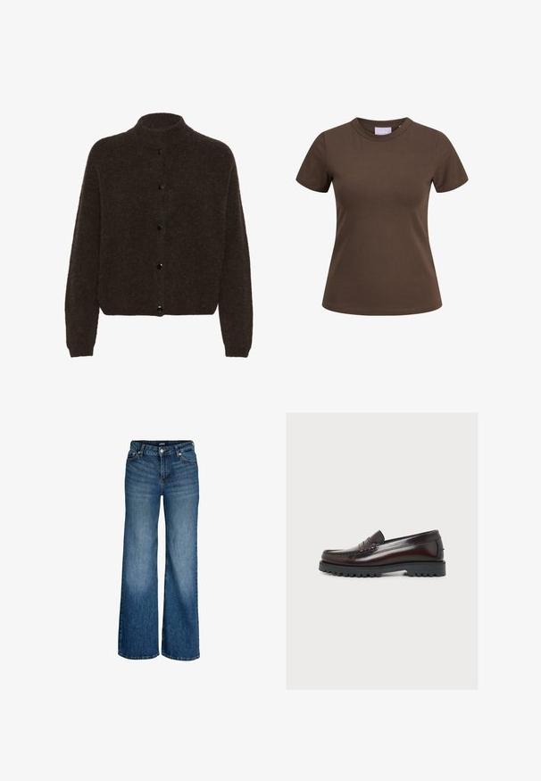 Gestuz ALPHAGZ - Cardigan - dark brown; Brun tætsiddende T-shirt med korte ærmer og rund halsudskæring, vist på hvid baggrund.; Mellemblå vidde jeans med forrest knap- og lynlåslukning, bæltestropper og fem-lomme design, vist på hvid baggrund.; Mørkebrun læderloafer med tyk sort sål med slidbanemønster og mokkatoe-syning, vist fra ydersiden på en lys baggrund.
