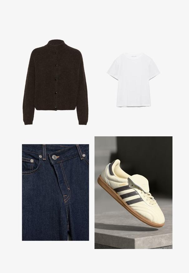Gestuz ALPHAGZ - Cardigan - dark brown; Hvid, kortærmet T-shirt med rund hals og lige kant, vist på en hvid baggrund.; Nærbillede af mørkeblå denimjeans foran med metalknap, lynlås, forlommer og orange syningsdetaljer.; Cremefarvede lædersneakers med tre mørke striber, en brun gummisål og en afrundet tå. Har en foldbar tunge mærket "SAMBA."
