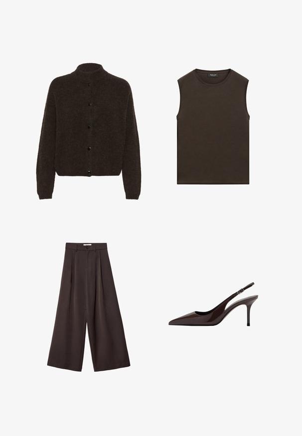 Gestuz ALPHAGZ - Cardigan - dark brown; Ærmeløs, mørkebrun trøje med rund halsudskæring og et mærke inde i kraven med teksten Massimo Dutti, vist mod en hvid baggrund.; Bukser med vidde i mørkebrun stof, med plisseringer, knaplukning og en glat tekstur; ankel-længde med et skræddersyet design.; Brune patenteret læder slingback hæle med spids tå, slank hæl og justerbar spænde-rem. Glat tekstur og skinnende finish.
