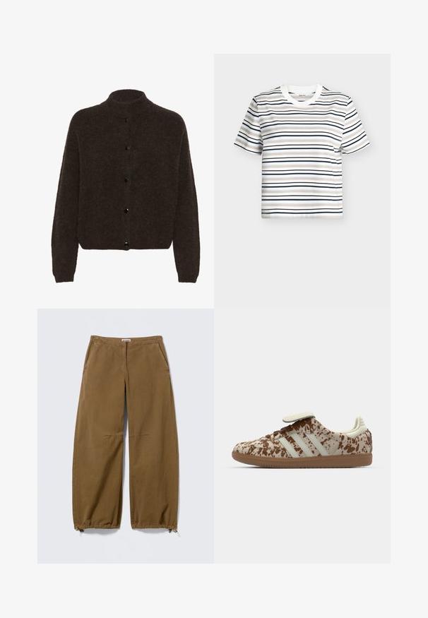 Gestuz ALPHAGZ - Vest - dark brown; Witte T-shirt met korte mouwen en horizontale strepen in beige, lichtblauw, marineblauw en zwart. Ronde halslijn met een vlak geribde kraag.; Bruine wijde broekspijpen gemaakt van gestructureerde stof met een elastische tailleband en koordjes aan de pijpen. Voorzien van zijzakken, ontworpen voor comfort.; Sneaker met een beige en bruine gespikkelde patroon, voorzien van drie witte strepen, een klittenbandsluiting en een bruine rubberen zool.