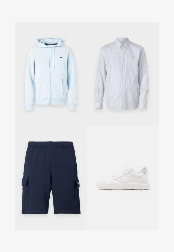 Hellblaues Zip-Hoodie aus Baumwollmischung, mit Kängurutasche, gerippten Bündchen und einem kleinen grünen Logo auf der linken Brust.; Gestreiftes Langarmshirt aus einem hellblauen und weißen Baumwollgemisch. Verfügt über eine Knopfleiste, einen klassischen Kragen und ein kleines gesticktes Logo auf der Brust.; Marineblaue Cargo-Shorts aus weichem Stoff, mit einem elastischen Bund, zwei Seitentaschen und einem kleinen Logoakzent auf der linken Tasche.; Weiße Leder-Sneaker mit glatter Oberfläche, rundem Zehenbereich, flachen Schnürsenkeln und strukturiertem Schuhsohlen. Graues Wildleder-Detail an der Ferse.