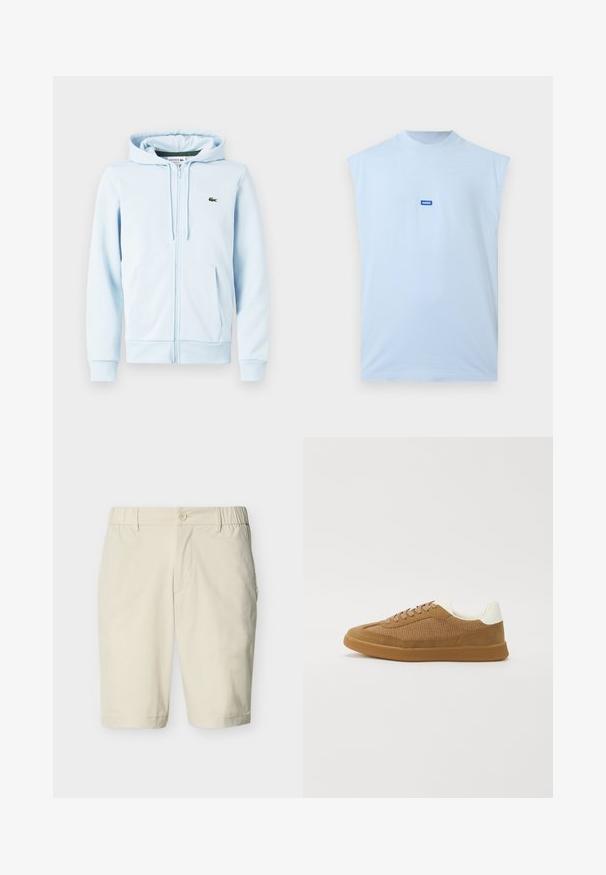 Lichtblauwe ritsvest van een katoenmix, met een kangoeroezak, ribgebreide manchetten en een klein groen logo op de linkerborst.; Lichtblauw mouwloos shirt met ronde hals en een klein centraal blauw "HUGO"-logo op de borst.; Beige knielange shorts met knoopsluiting, elastische taillebanden aan de zijkanten, riemlussen en zijzakken op een effen achtergrond.; Sneakers met een bruine mesh en suede bovenkant, witte accenten bij de hak, platte rubberen zool en bruine veters. Gewatteerde kraag voor comfort.