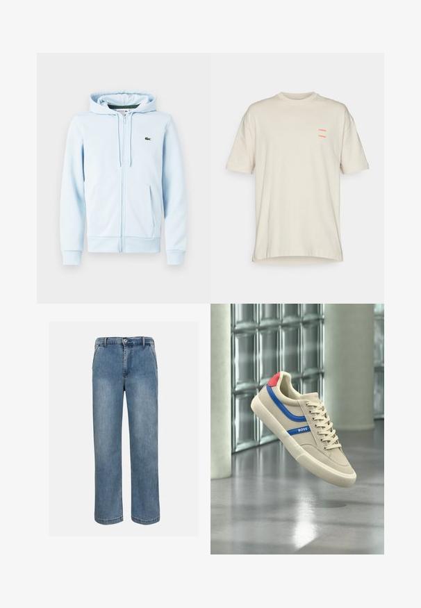 Hellblaues Zip-Hoodie aus Baumwollmischung, mit Kängurutasche, gerippten Bündchen und einem kleinen grünen Logo auf der linken Brust.; Off-white T-Shirt mit kurzen Ärmeln und Rundhalsausschnitt sowie kleinem schwarzem "SAMSØE" Textlogo zweimal in der Nähe der linken Brust.; Blaue gerade geschnittene Jeans mit Knopf- und Reißverschluss vorne sowie Gürtelschlaufen auf neutralem Hintergrund.; Beiger Sneaker mit blauem Streifen, rotem Fersenlasche, weißer Sohle und Schnürsenkeln, gebrandet mit "BOSS", schwebt über einem polierten Boden in einem modernen Industriegebiet.