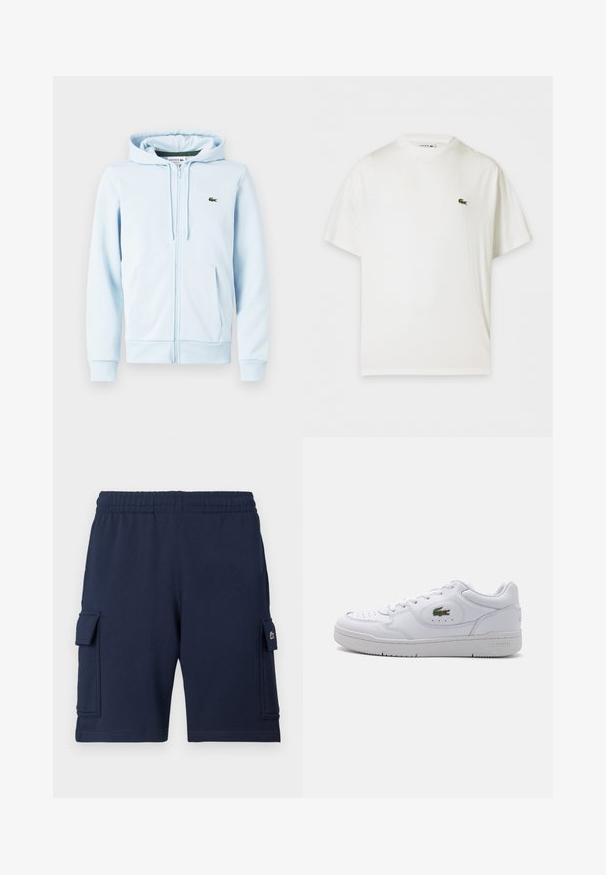 Hellblaues Zip-Hoodie aus Baumwollmischung, mit Kängurutasche, gerippten Bündchen und einem kleinen grünen Logo auf der linken Brust.; Weißes T-Shirt mit kurzen Ärmeln und Rundhalsausschnitt mit kleinem grünem Krokodil-Logo auf der linken Brust.; Marineblaue Cargo-Shorts aus weichem Stoff, mit einem elastischen Bund, zwei Seitentaschen und einem kleinen Logoakzent auf der linken Tasche.; Weiße Ledersneaker mit perforierter Zehenpartie und einem grünen Krokodil-Logo an der Außenseite. Sie verfügen über eine flache Sohle und ein Schnürdesign.