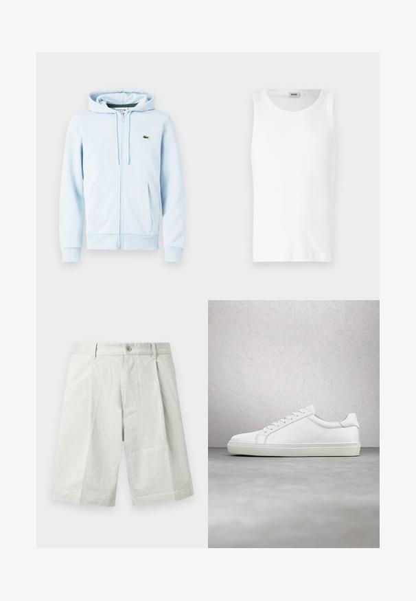Hellblaues Zip-Hoodie aus Baumwollmischung, mit Kängurutasche, gerippten Bündchen und einem kleinen grünen Logo auf der linken Brust.; Weißes Baumwoll-Tanktop ohne Ärmel mit Rundhalsausschnitt und glatter Textur. Einfaches Design, ohne Muster oder Akzente.; Hellgraue Shorts aus strukturiertem Stoff, mit einem Knopfverschluss, Falten und einem geraden Schnitt, geeignet für legere Trageanlässe.; Weißer Sneaker mit glattem Lederobermaterial und niedrigem Profil. Verfügt über eine runde Zehenpartie, sechs Ösen und eine strukturierte Gummisohle.