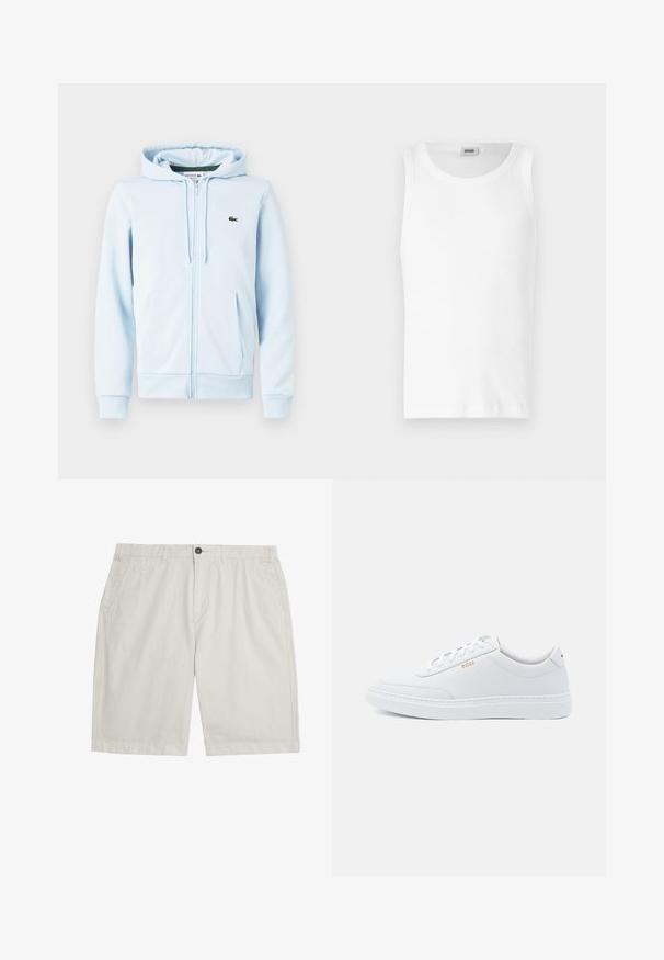Hellblaues Zip-Hoodie aus Baumwollmischung, mit Kängurutasche, gerippten Bündchen und einem kleinen grünen Logo auf der linken Brust.; Weißes Baumwoll-Tanktop ohne Ärmel mit Rundhalsausschnitt und glatter Textur. Einfaches Design, ohne Muster oder Akzente.; Hellbeige knielange Shorts mit Fronttaschen, Gürtelschlaufen, Knopfverschluss und sauberem, glattem Stoff.; Weiße Leder-Sneaker mit glatter Textur, runder Zehenpartie und tonal abgestepptem Design. Mit blauen Schnürsenkeln und einem goldenen Logo an der Seite.