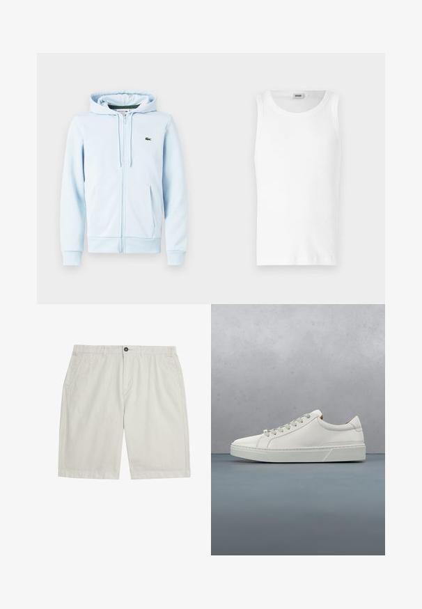 Hellblaues Zip-Hoodie aus Baumwollmischung, mit Kängurutasche, gerippten Bündchen und einem kleinen grünen Logo auf der linken Brust.; Weißes Baumwoll-Tanktop ohne Ärmel mit Rundhalsausschnitt und glatter Textur. Einfaches Design, ohne Muster oder Akzente.; Hellbeige knielange Shorts mit Fronttaschen, Gürtelschlaufen, Knopfverschluss und sauberem, glattem Stoff.; Weißes Leder-Sneaker mit abgerundetem Zehenbereich, minimalistisches Design, graue Schnürsenkel und einer strukturierten grauen Gummisohle. Dezente Nähte sichtbar.