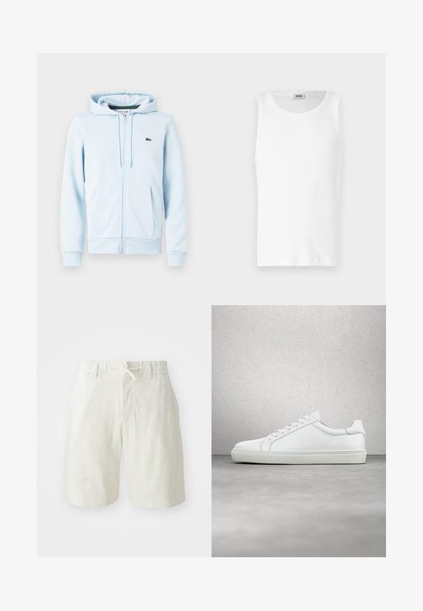Hellblaues Zip-Hoodie aus Baumwollmischung, mit Kängurutasche, gerippten Bündchen und einem kleinen grünen Logo auf der linken Brust.; Weißes Baumwoll-Tanktop ohne Ärmel mit Rundhalsausschnitt und glatter Textur. Einfaches Design, ohne Muster oder Akzente.; Hellebeige Shorts aus einem weichen, strukturierten Stoff. Verfügt über einen elastischen Bund mit Kordelzug und eine einzelne Fronttasche.; Weißer Sneaker mit glattem Lederobermaterial und niedrigem Profil. Verfügt über eine runde Zehenpartie, sechs Ösen und eine strukturierte Gummisohle.