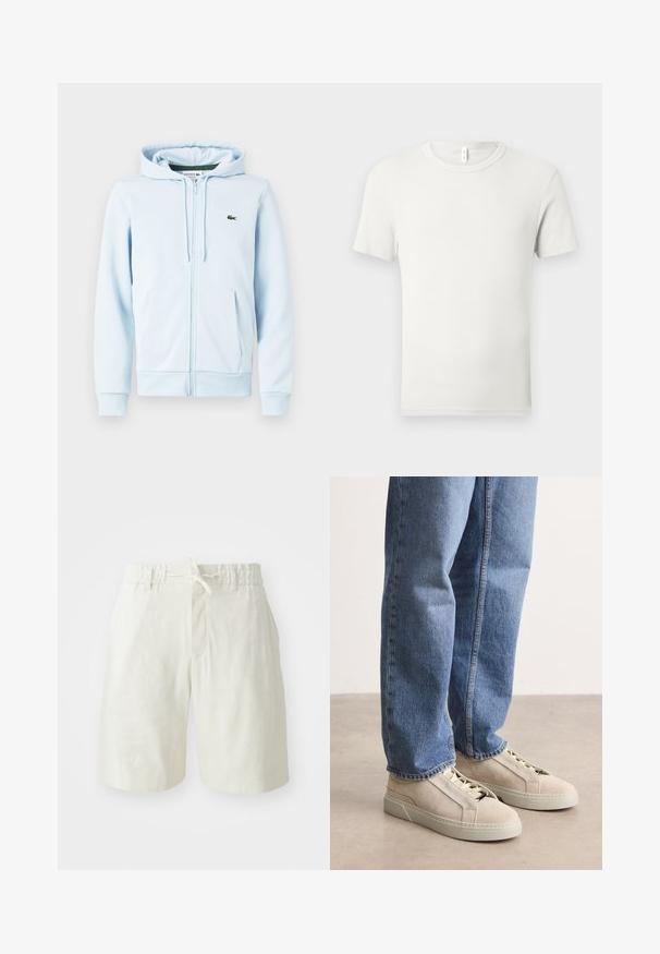 Lys blå zip-up hoodie i bomuldsblanding, med en kengurulomme, ribbede manchetter og et lille grønt logo på venstre brystområde.; Hvid kortærmet T-shirt med rund hals lagt fladt på en lysgrå baggrund med en lille stofmærkat ved kraven.; Lys beige shorts lavet af et blødt, tekstureret stof. Har en elastisk talje med snoretræk og en enkelt frontlomme.; BOSS GARYTENN_SDHDEL - Sneakers - natural ten