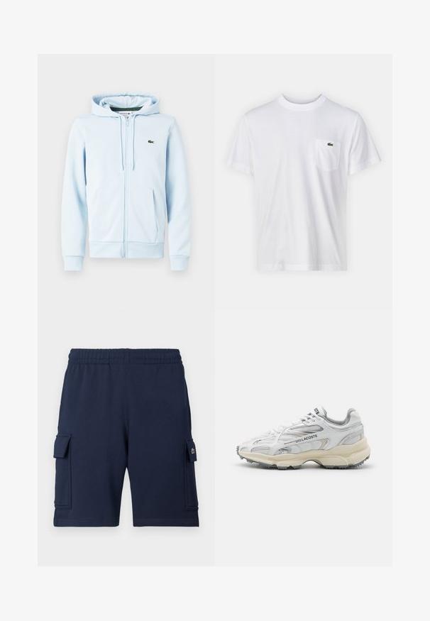 Hellblaues Zip-Hoodie aus Baumwollmischung, mit Kängurutasche, gerippten Bündchen und einem kleinen grünen Logo auf der linken Brust.; Weißes Baumwoll-T-Shirt mit Rundhalsausschnitt und kurzen Ärmeln. Verfügt über eine linke Brusttasche und ein kleines grünes Lacoste-Logo.; Marineblaue Cargo-Shorts aus weichem Stoff, mit einem elastischen Bund, zwei Seitentaschen und einem kleinen Logoakzent auf der linken Tasche.; Weiße Sportschuhe mit grauen Akzenten, Obermaterial aus Mesh und Synthetik, Schnürdesign und rutschfester Gummisohle mit Strukturmustern.