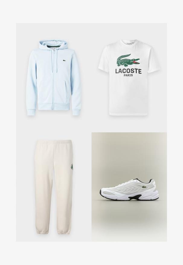 Lichtblauwe ritsvest van een katoenmix, met een kangoeroezak, ribgebreide manchetten en een klein groen logo op de linkerborst.; Lacoste T-shirt print - white; Lichtbeige sweatpants van katoen, met een elastische tailleband, geribde boorden en een groen logo met een bladerenontwerp op het linkerpand.; Witte sportieve schoen met een textuur van gaas bovenwerk, gebogen ontwerp en contrasterende zwarte zool. Heeft een groen geborduurd logo aan de zijkant.