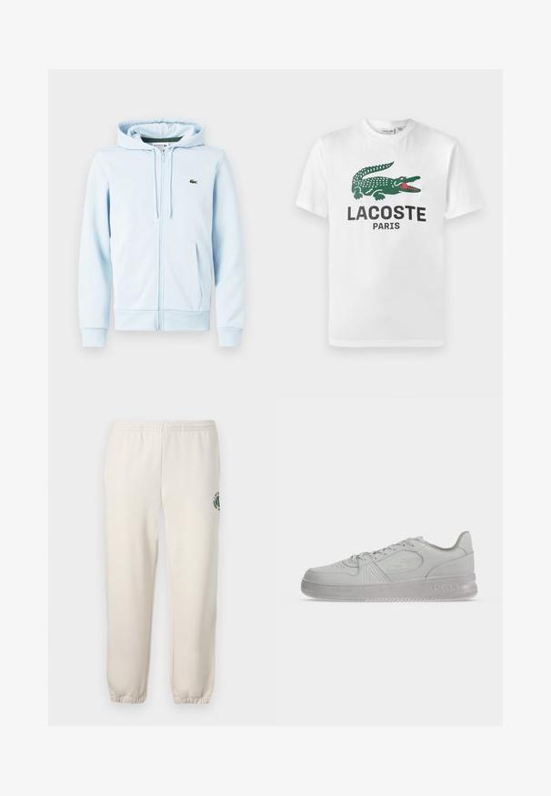 Svetlomodrá zipsová mikina z bavlnenej zmesi, s klokankovou kapsou, ribovanými manžetami a malým zeleným logom na ľavej strane hrude.; Lacoste Tričko s potlačou - white; Svetlo béžové tepláky z bavlny s elastickým pásom, rebrovanými manžetami a zeleným logom s dizajnom listu na ľavej nohe.; Biele nízke tenisky Lacoste so šnúrkami, reliéfne logo na boku a texturovaná podrážka na jednoduchom pozadí.