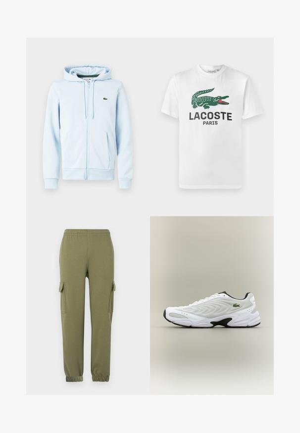 Lys blå zip-up hoodie i bomuldsblanding, med en kengurulomme, ribbede manchetter og et lille grønt logo på venstre brystområde.; Lacoste T-shirts print - white; Cargo bukser i olivengrønt letvægtsstof, med sidelommer, elastisk talje og taperede manchetter for en tætsiddende pasform.; Hvide atletiske sko med tekstureret mesh-overdel, buet design og kontrasterende sort ydersål. Har en grøn broderet logo på siden.