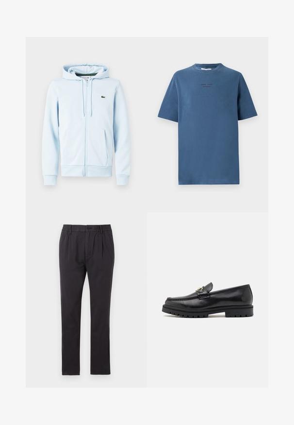 Lichtblauwe ritsvest van een katoenmix, met een kangoeroezak, ribgebreide manchetten en een klein groen logo op de linkerborst.; Blauwe katoenen T-shirt met een ronde hals, korte mouwen en subtiele tekstontwerpen in donkere tinten. Eenvoudige, ontspannen pasvorm, geen patronen.; Tommy Jeans ISAAC LIGHT - Chino - black; Zwarte leren instappers met een zachte afwerking, ronde neus, een decoratieve band met gouden hardware en een robuuste zwarte zool.