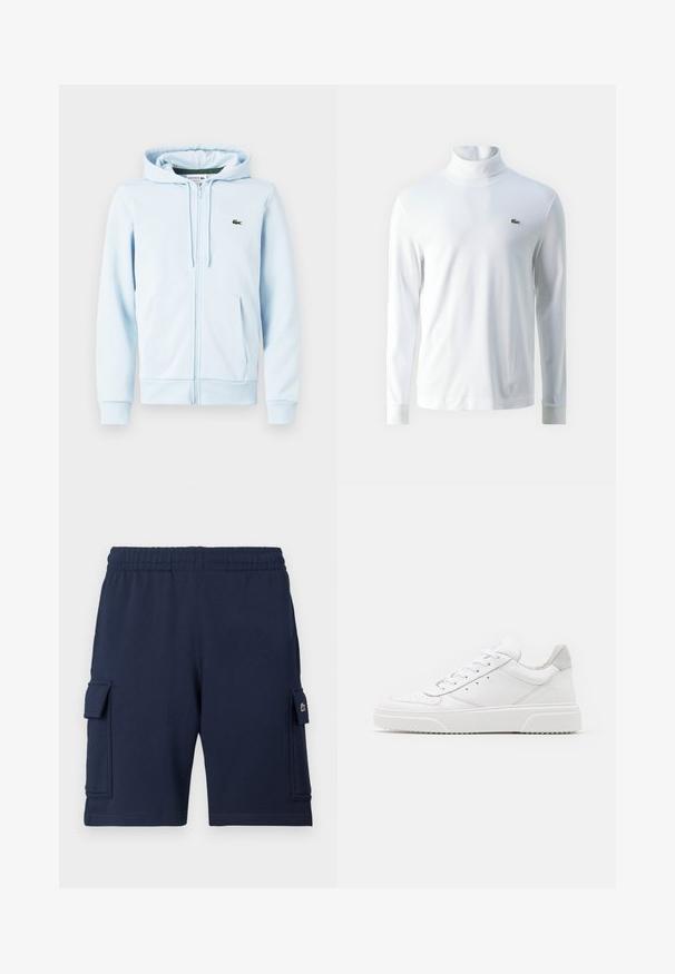 Lichtblauwe ritsvest van een katoenmix, met een kangoeroezak, ribgebreide manchetten en een klein groen logo op de linkerborst.; Witte lange mouw turtleneck shirt van zachte stof, met een klein groen geborduurd logo op de borst en aansluitende manchetten.; Marineblauwe cargoshorts gemaakt van zachte stof, met een elastische tailleband, twee zijzakken en een klein logoaccent op de linkerzak.; Witte leren sneakers met een gladde afwerking, ronde neus, platte veters en een gestructureerde zool. Grijze suède accent bij de hiel.