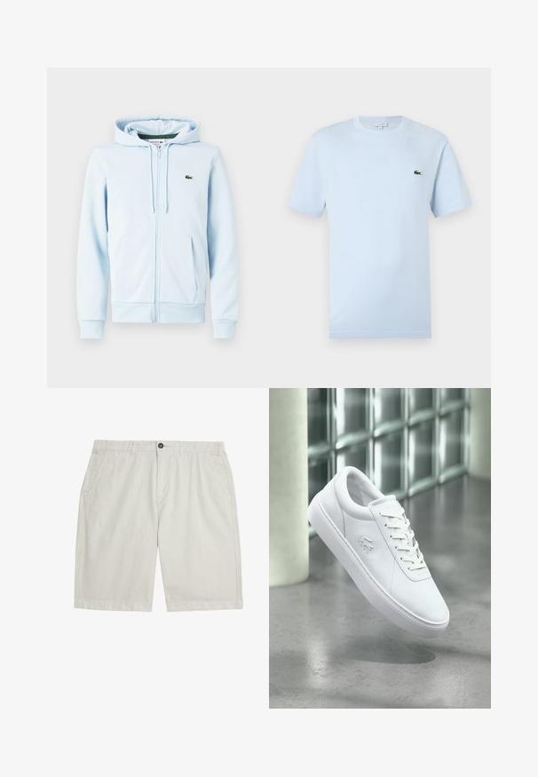 Lys blå zip-up hoodie i bomuldsblanding, med en kengurulomme, ribbede manchetter og et lille grønt logo på venstre brystområde.; Lyseblå kortærmet T-shirt lavet af blødt bomuldsstof. Har et lille grønt broderet krokodille-logo på brystet.; Lyse beige knælange shorts med forlommer, bæltestropper, knaplukning og rent, glat stof.; Hvid lavtop sneaker med snøredesign og præget krokodillelogo, placeret over en grå poleret gulv med glasblokvæg i baggrunden.