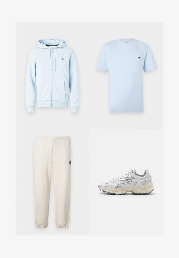 Hellblaues Zip-Hoodie aus Baumwollmischung, mit Kängurutasche, gerippten Bündchen und einem kleinen grünen Logo auf der linken Brust.; Helles blaues T-Shirt mit kurzen Ärmeln aus weichem Baumwollmaterial. Verfügt über ein kleines grünes gesticktes Krokodil-Logo auf der Brust.; Helle beige Sweatpants aus Baumwolle mit einem elastischen Bund, gerippten Bündchen und einem grünen Logo mit Blattdesign am linken Bein.; Weiße Sportschuhe mit grauen Akzenten, Obermaterial aus Mesh und Synthetik, Schnürdesign und rutschfester Gummisohle mit Strukturmustern.