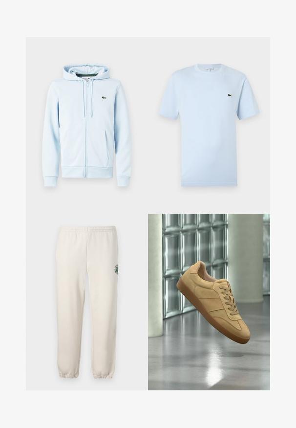 Hellblaues Zip-Hoodie aus Baumwollmischung, mit Kängurutasche, gerippten Bündchen und einem kleinen grünen Logo auf der linken Brust.; Helles blaues T-Shirt mit kurzen Ärmeln aus weichem Baumwollmaterial. Verfügt über ein kleines grünes gesticktes Krokodil-Logo auf der Brust.; Helle beige Sweatpants aus Baumwolle mit einem elastischen Bund, gerippten Bündchen und einem grünen Logo mit Blattdesign am linken Bein.; Beiger Veloursleder-Sneaker mit Gummisohle, Schnürdesign, schwebt drinnen auf poliertem Betonboden nahe einer Glassteinwand.