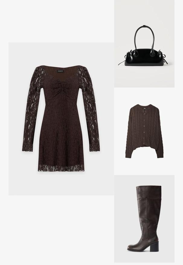 Bruine gebreide cardigan met kabelpatroon, ronde halslijn en knoopsluiting. Ribgebreide manchetten en zoom voegen textuur toe aan het ontwerp.; Donkerbruine kanten jurk met lange mouwen, geplooide borstpartij en semi-transparante kanten mouwen en zoom tegen een witte achtergrond.; Bruine leren kniehoog laars met een ronde neus en een gestapelde hak. Heeft een gladde textuur en zijstiksel details.; Kleine zwarte glanzende handtas met twee lange hengsels en zijkant trekkoord details op een effen lichte achtergrond.