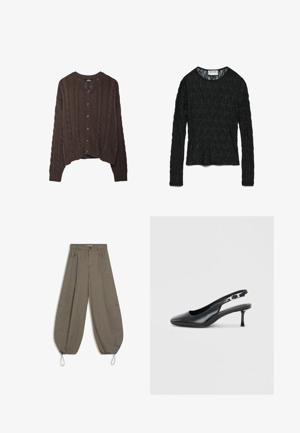Cardigan marron en tricot avec un motif en câble, col rond et fermeture à boutons. Les poignets et l'ourlet côtelés ajoutent de la texture au design.; Haut noir à manches longues en tissu léger et texturé, avec un col rond et une coupe décontractée. Coutures lisses et détails de motif subtil.; Pantalon large à carreaux marron et noir avec taille élastique, poches avant, fermeture par bouton et cordons ajustables aux chevilles.; Chaussure slingback noire en cuir à bout pointu avec un petit talon aiguille bas et une bride réglable à boucle sur un fond clair uni.