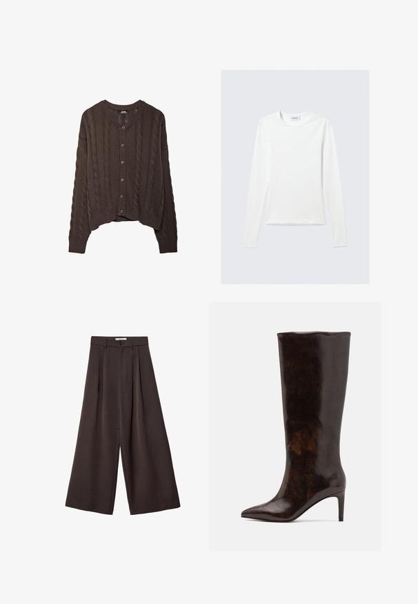 Cardigan marron en tricot avec un motif en câble, col rond et fermeture à boutons. Les poignets et l'ourlet côtelés ajoutent de la texture au design.; T-shirt blanc uni à manches longues avec col rond et coupe slim, présenté sur un fond gris clair.; Pantalon à jambes larges en tissu brun foncé, avec des plis, une fermeture par bouton, et une texture lisse ; longueur cheville avec une coupe ajustée.; Call it Spring RHODDE - Bottes - medium brown