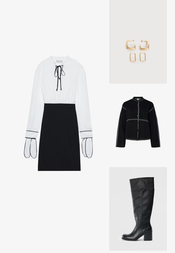 Veste noire à boutonner avec col montant. Dotée de coutures blanches contrastantes le long des coutures et des boutons, d'une forme structurée et de manches longues.; Blouse blanche avec un col froncé et un cordon de serrage ; jupe noire ajustée avec des passepoils blancs contrastants sur les manches. Texture de tissu lisse.; Bottes en cuir noir jusqu'au genou avec un talon carré, texture lisse et détails de couture sur les côtés. Design simple et moderne.; Deux paires de Boucles d'oreilles créoles géométriques dorées sur une surface blanche unie, une paire carrée et pleine, une paire rectangulaire et creuse.