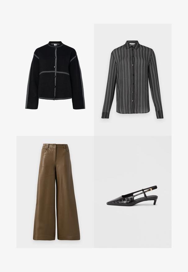Chaqueta negra de botón con un cuello alto. Presenta costuras y botones en contraste de color blanco a lo largo de las costuras, forma estructurada y mangas largas.; Camisa de manga larga negra de botones con rayas verticales blancas y cuello clásico, exhibida sobre un fondo claro y liso.; Pantalones de pierna ancha hechos de suave cuero sintético marrón. Presentan una cintura alta, cuatro bolsillos y una cremallera frontal. Textura lisa y diseño minimalista.; Zapato negro de piel con puntera afilada y diseño tipo slingback, con textura de cocodrilo, pequeño tacón apilado y correa ajustable con detalle de hebilla metálica.