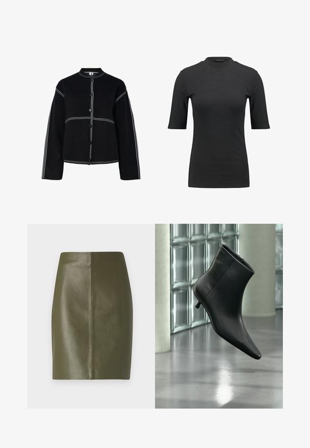 Schwarze Hemdjacke mit hohem Kragen. Sie verfügt über kontrastierende weiße Nähte entlang der Nähte und Knöpfe, hat eine strukturierte Form und lange Ärmel.; Schwarzes geripptes T-Shirt mit hohem Hals und kurzen Ärmeln. Glattes, figurbetontes Design ohne Muster oder sichtbare Hardware-Details.; Olivengrüner Leder-Minirock mit glatter Textur, der ein schlichtes Design und eine zentrale Naht auf der Rückseite aufweist.; Schwarzer Leder-Stiefelette mit spitzer Zehenpartie und niedrigem Kitten-Heel, schräg dargestellt vor einem polierten Boden und einer Glasbausteinwand.