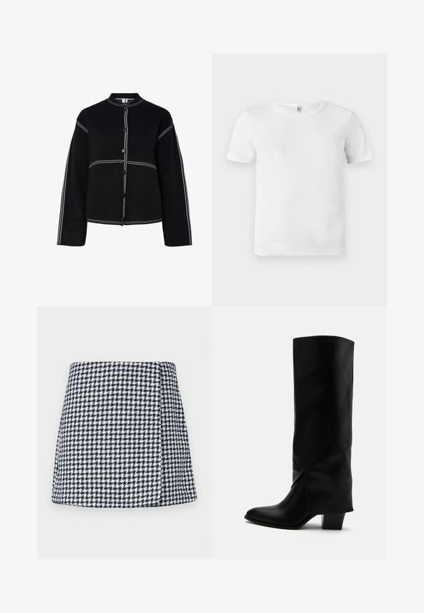 Chaqueta negra de botón con un cuello alto. Presenta costuras y botones en contraste de color blanco a lo largo de las costuras, forma estructurada y mangas largas.; Camiseta blanca de manga corta con textura acanalada. Cuello redondo clásico, sin logotipos ni patrones visibles, y un diseño simple y limpio.; Mini falda a cuadros en azul marino y blanco, hecha de una tela texturizada con forma acampanada y un cierre de cremallera lateral oculto.; Bota alta de cuero negro con costuras anguladas, puntera puntiaguda y tacón grueso de altura media sobre fondo blanco.