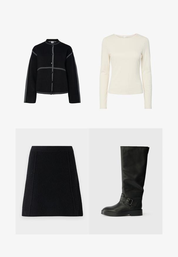 Veste noire à boutonner avec col montant. Dotée de coutures blanches contrastantes le long des coutures et des boutons, d'une forme structurée et de manches longues.; Chemise ajustée à manches longues de couleur crème, avec un col rond et une texture lisse, présentée sur un fond blanc.; Jupe noire en tricot avec une texture côtelée et une coupe évasée. Présente des coutures verticales pour la structure et une ceinture solide en haut.; Bottes noires jusqu'au genou en cuir lisse, dotées d'un bout rond, d'une semelle épaisse et d'une sangle horizontale avec un détail de boucle rectangulaire.