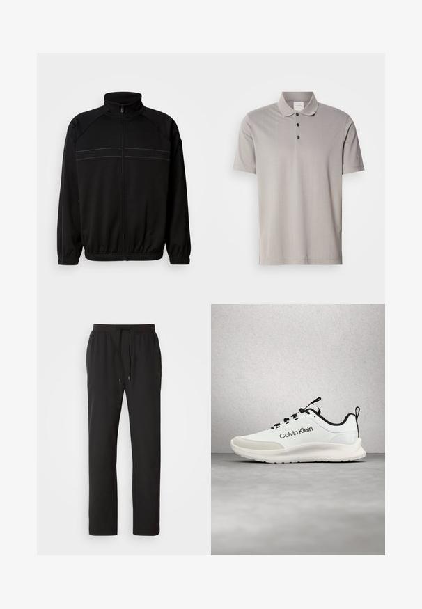 Sort zip-jakke lavet af blødt stof, med høj krave, elastiske manchetter og dekorative vandrette striber over brystet.; Grå kortærmet polo shirt lavet af glat stof, med en klassisk krave og tre sorte knapper. Subtil lodret ribbet mønster gennem hele skjorten.; Sorte joggerbukser lavet af letvægtsstof, med elastisk talje med justerbare snore og sidelommer. Glat tekstur.; Hvid og sort Calvin Klein-sneaker med sorte snørebånd, der svæver over et gråt gulv nær glasblokvinduer.