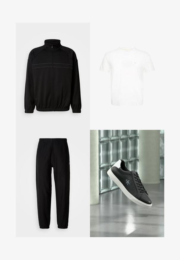 Zwarte zip-up jas van zacht materiaal, met een hoge kraag, elastische manchetten en decoratieve horizontale strepen over de borst.; Witte T-shirt met korte mouwen en ronde hals met klein geborduurd "ck"-logo op de linkerborst.; Zwarte sweatpants met een elastische tailleband, smal toelopende pijpen en cuffs. Gladde stofstructuur. Logodetail aan de zijkant.; Zwarte lage sneaker met witte zool en hieltab, Calvin Klein-logo aan de zijkant, zwevend afgebeeld tegen een glazen blokken muur als achtergrond.