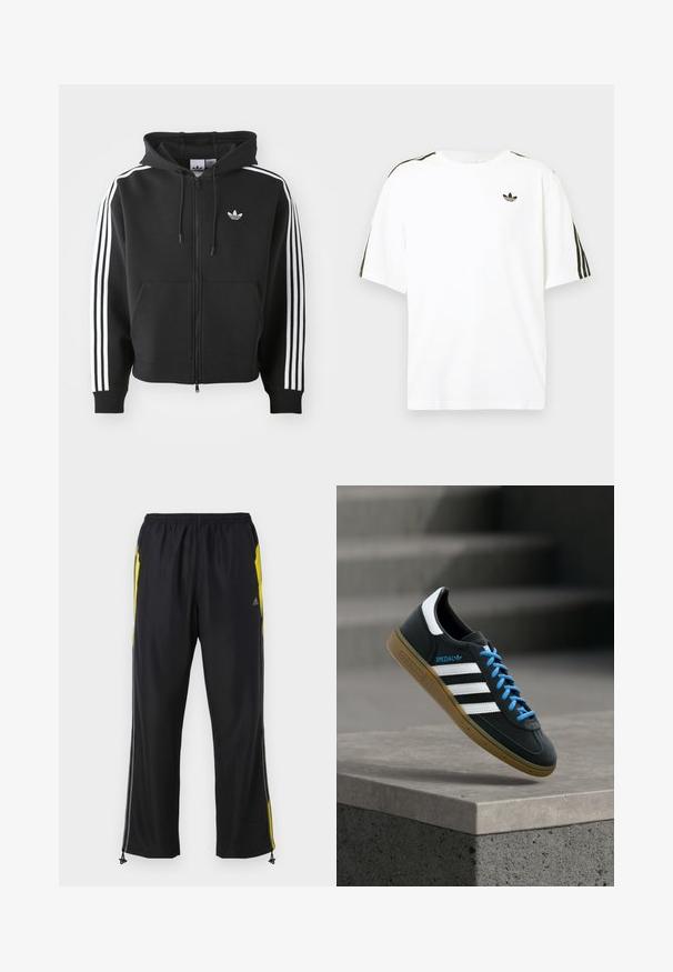 Sort zip-up hoodie lavet af bomuldsblanding, med en frontlomme, snoretræk i hætten og hvide striber i tre på ærmerne.; Hvid bomuld t-shirt med korte ærmer, prydet med sorte tre-stribede detaljer på skuldrene og et lille sort logo på brystet.; Sorte træningsbukser med gule sideaccenter, elastisk talje og lynlåslommer på siden. Fremstillet af let og glat stof.; Sort Adidas sneaker med hvide striber, blå snørebånd og gummisål, der svæver over gråt betontrin i blødt lys.