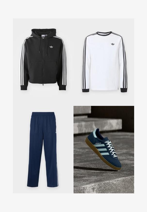 Mustast puhvri, mis on valmistatud puuvillase seguga, esipocketiga, reguleeritava kapuutsiga ja valgete kolmestriibuliste detailidega varrukatel.; Valge pika varrukaga Adidas särk musta ümarkaeluse, mustade varrukaäärte ning kolme musta triibuga varrukatel ja musta kolmelehelogo rinnal.; Sügavsinised sportpüksid tekstuuri viimistlusega, elastse vöökohaga ja valgete küljeribadega. Omavad sirget lõiget ja taskuid ei ole.; Sinine Adidas Spezial tennisk, valgete triipude ja paeltega, kummist tallaga, hõljub kareda betoonpinna ja sammude kohal taustal.