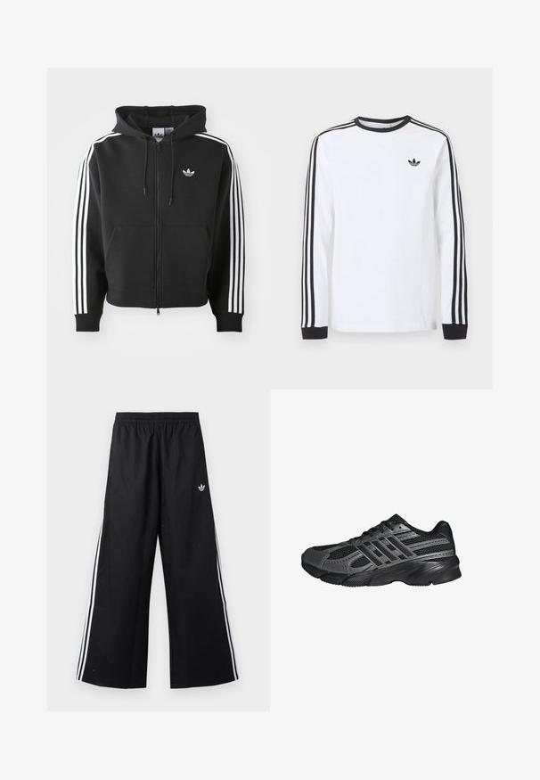 Schwarze Kapuzenjacke mit Reißverschluss aus Baumwollmischung, mit einer Fronttasche, Zugbandkapuze und weißen drei Streifen als Akzent auf den Ärmeln.; Weißes Adidas-Langarmshirt mit schwarzem Rundhalsausschnitt, schwarzen Bündchen, drei schwarzen Streifen an den Ärmeln und schwarzem Trefoil-Logo auf der Brust.; Schwarze weite Trainingshose mit elastischem Bund, weißen Seitenstreifen und kleinem Adidas-Trefoil-Logo an der rechten Hüfte.; Schwarze Sportschuhe aus Netz- und synthetischem Material, mit einer strukturierten Oberfläche, mehreren grauen Streifen und einem gepolsterten Schaft.