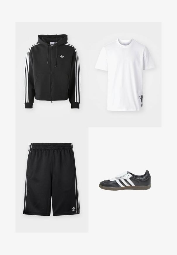 Sort zip-up hoodie lavet af bomuldsblanding, med en frontlomme, snoretræk i hætten og hvide striber i tre på ærmerne.; Hvid bomulds-t-shirt med korte ærmer, rund halsudskæring og et sort Adidas-logo-patch på nedre venstre side. Glat struktur.; Sorte Adidas sportsshorts med hvide siderstriber, elastisk taljebånd, sidelommer og Adidas-logo på den nederste venstre ben.; adidas Originals SAMBA LT - Sneakers - core black footwear white gum
