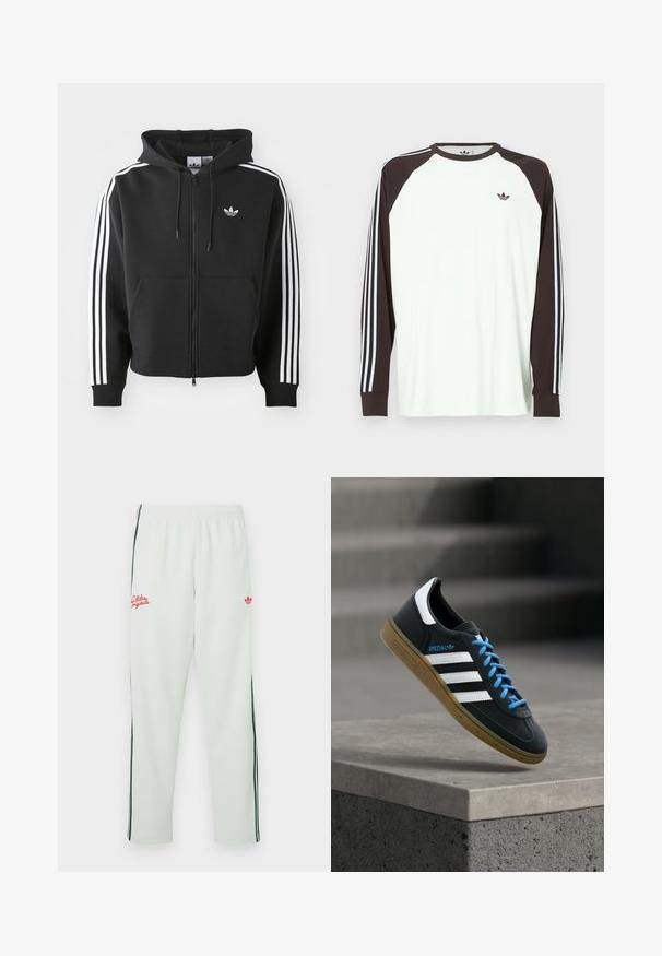 Sort zip-up hoodie lavet af bomuldsblanding, med en frontlomme, snoretræk i hætten og hvide striber i tre på ærmerne.; Hvid langærmet skjorte med brune raglanærmer. Har blå og hvide stribede detaljer på ærmerne og et lille logo på brystet.; Lysegrønne joggingbukser med elastisk taljebånd, der har en rød broderet logo og grønne sidelommerstriber. Blødt stof med en afslappet pasform.; Sort Adidas sneaker med hvide striber, blå snørebånd og gummisål, der svæver over gråt betontrin i blødt lys.