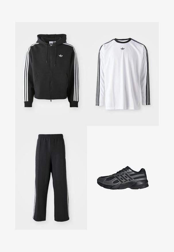 Sort zip-up hoodie lavet af bomuldsblanding, med en frontlomme, snoretræk i hætten og hvide striber i tre på ærmerne.; Hvid langærmet skjorte lavet af blødt stof med sorte detaljer, prydet med tre sorte striber langs ærmerne og et lille sort logo.; Sorte sweatpants med elastisk talje, der har hvide sidelister og en afslappet pasform. Lavet af blødt, strækbart stof.; Sorte træningssko lavet af mesh og syntetiske materialer, med en tekstureret overflade, flere grå striber og en polstret krave.