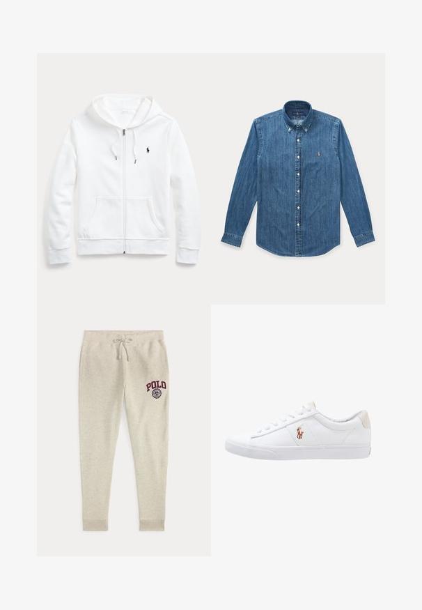Biela mikina na zips s kapucňou so šnúrkou, prednými vreckami a malým čiernym logom na ľavom prsníku. Mäkko látkový materiál a ležérny strih.; Modrá denimová košeľa s dlhým rukávom na gombíky, golierom a malým vyšívaným logom na ľavej strane hrudníka.; Béžové tepláky so sťahovacou šnúrkou, bočnými vreckami a červeným logom a emblémom "POLO" na hore ľavej stehnovej časti.; Biele plátenné tenisky s nízkym strihom, ktoré majú béžový opasok na päte a malé vyšívané logo na boku. Gumová podrážka.