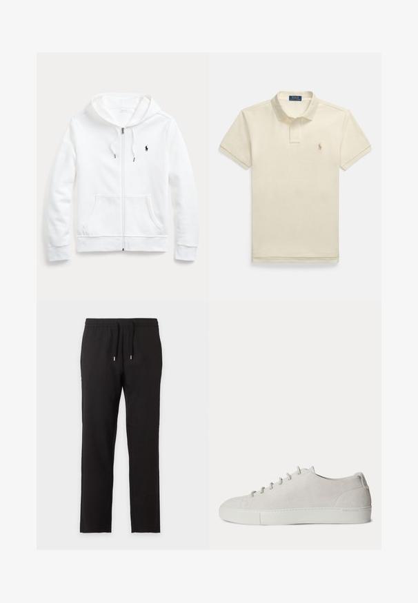 Witte rits-hoodie met een capuchon met trekkoord, voorzakken en een klein zwart logo op de linkerborst. Zachte stof en casual pasvorm.; Beige poloshirt met korte mouwen, voorzien van een knoopsluiting bij de kraag en een klein geborduurd logo op de linkerborst. Gemaakt van gestructureerd katoen.; Zwarte casual broek met elastische tailleband en trekkoord, rechte pijp, plat weergegeven op een lichte achtergrond.; Witte lage suède sneaker met veters aan de voorkant en rubberen zool, minimalistisch ontwerp.