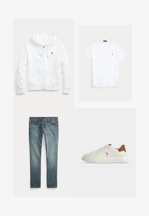 Weißer Zip-Hoodie mit Kordelzugkapuze, Taschen vorne und kleinem schwarzen Logo auf der linken Brust. Weicher Stoff und lässige Passform.; Weißes T-Shirt mit Rundhalsausschnitt und kurzen Ärmeln, mit kleinem gesticktem Polo Ralph Lauren Logo auf der linken Brust und blauem Markenetikett innen am Kragen.; Blaue Jeans mit geradem Bein, vorderen Taschen, Gürtelschlaufen und Knopfverschluss.; Weißer Sneaker mit niedrigem Schaft, braunem Fersenlasche, Schnürung vorne, dicker Sohle und kleinem besticktem Pferdelogo an der Seite.