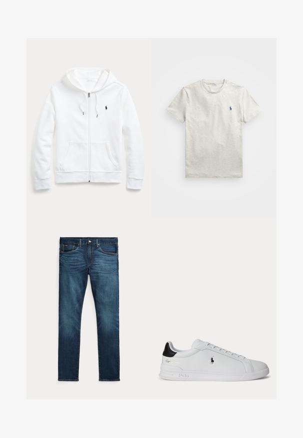 Weißer Zip-Hoodie mit Kordelzugkapuze, Taschen vorne und kleinem schwarzen Logo auf der linken Brust. Weicher Stoff und lässige Passform.; Hellgraues T-Shirt mit kurzen Ärmeln und Rundhalsausschnitt, mit kleinem dunkelblauem Polo Ralph Lauren Pferde-Logo auf der linken Brust.; Dunkelblaue Slim-Fit-Jeans mit vorderem Knopf und Reißverschluss, fünf Taschen sowie dezenter Verfärbung an den vorderen Oberschenkeln und Knien.; Weißer Sneaker mit niedrigem Schaft, schwarzem Fersenlasche, Schnürsenkeln und Polo Ralph Lauren Logo an der Seite, mit geprägten Sohlen-Details.